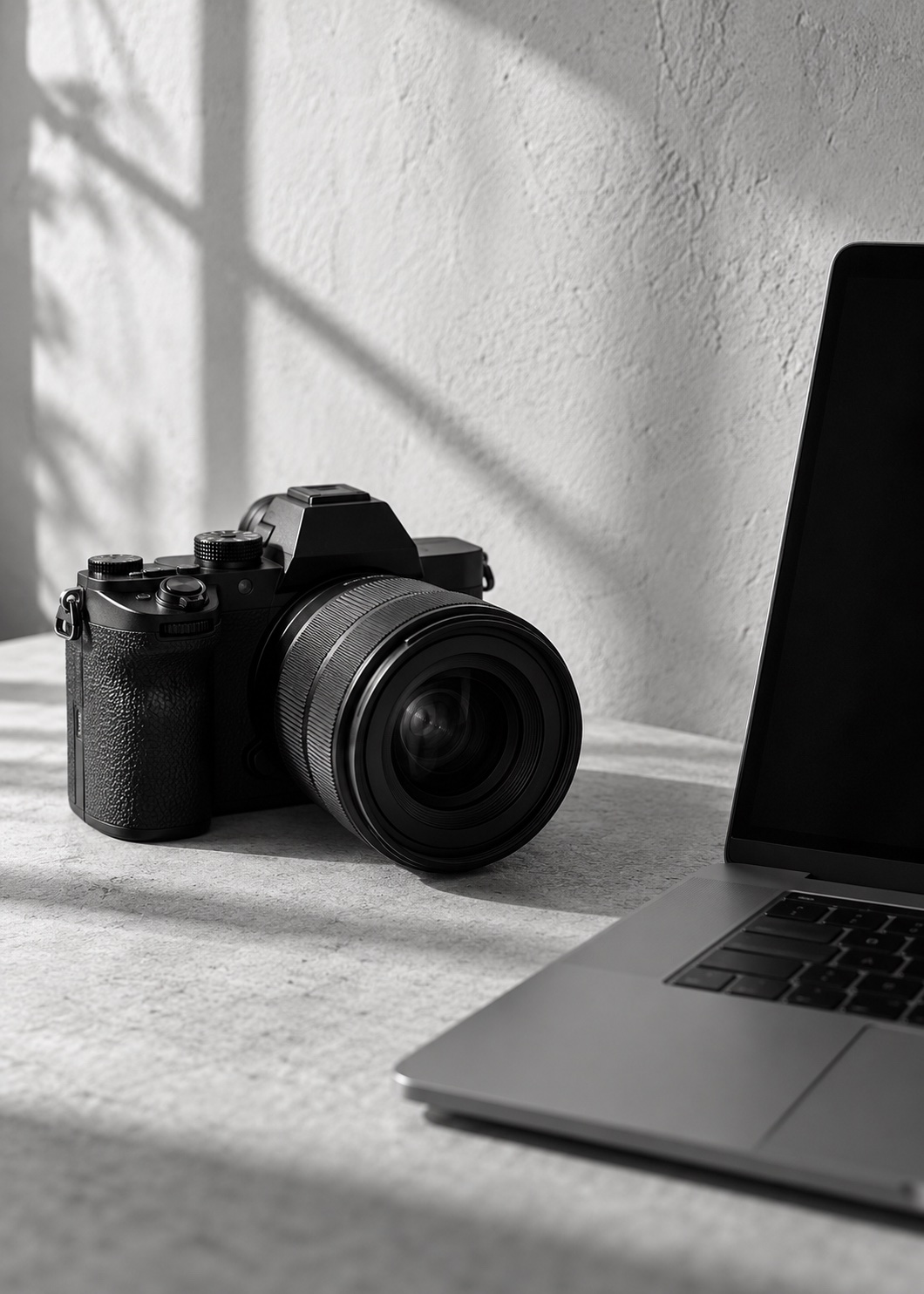 Camera and laptop on a sunlit studio desk.