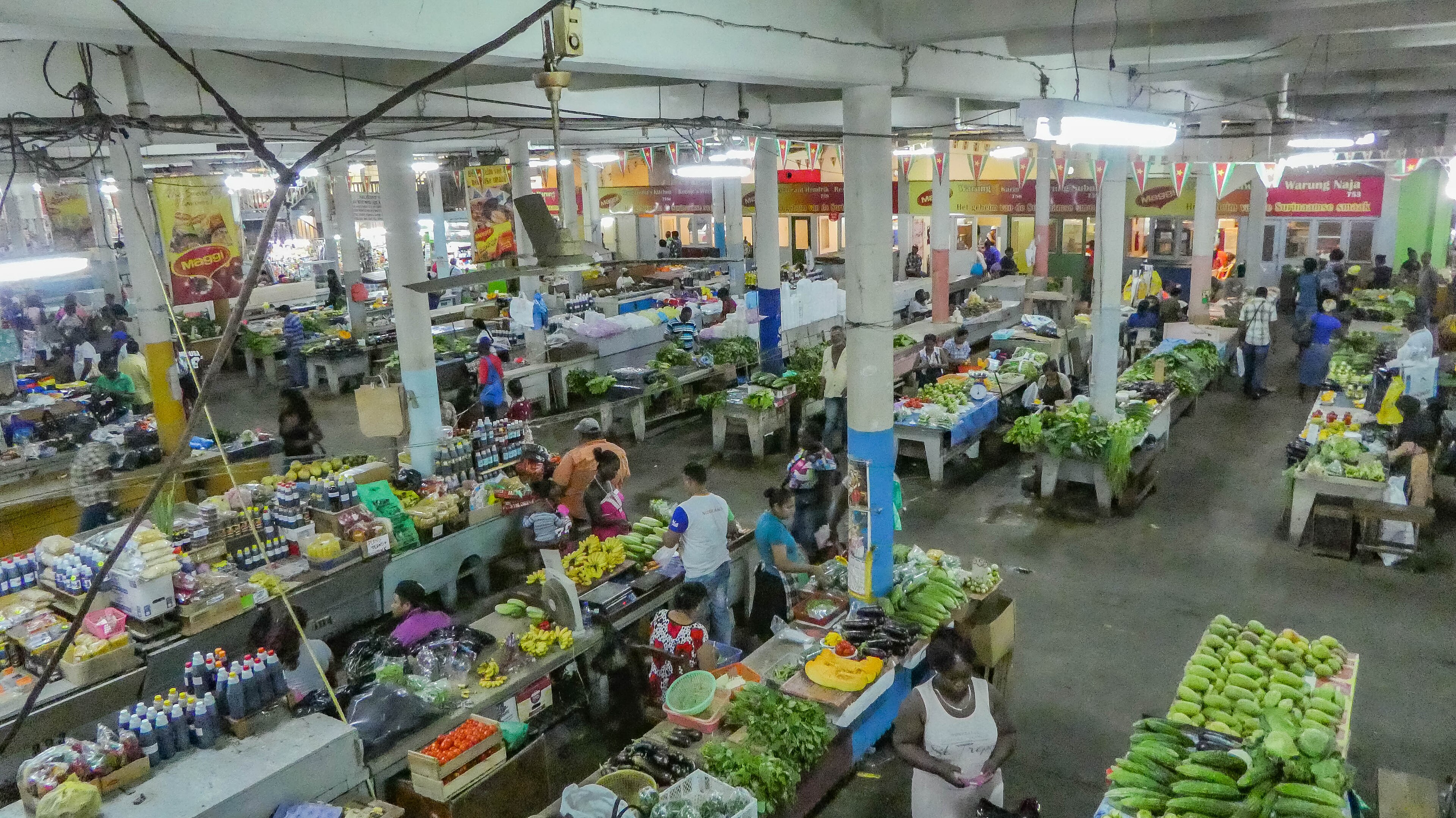 Fresh produce stalls at the central market in Paramaribo.